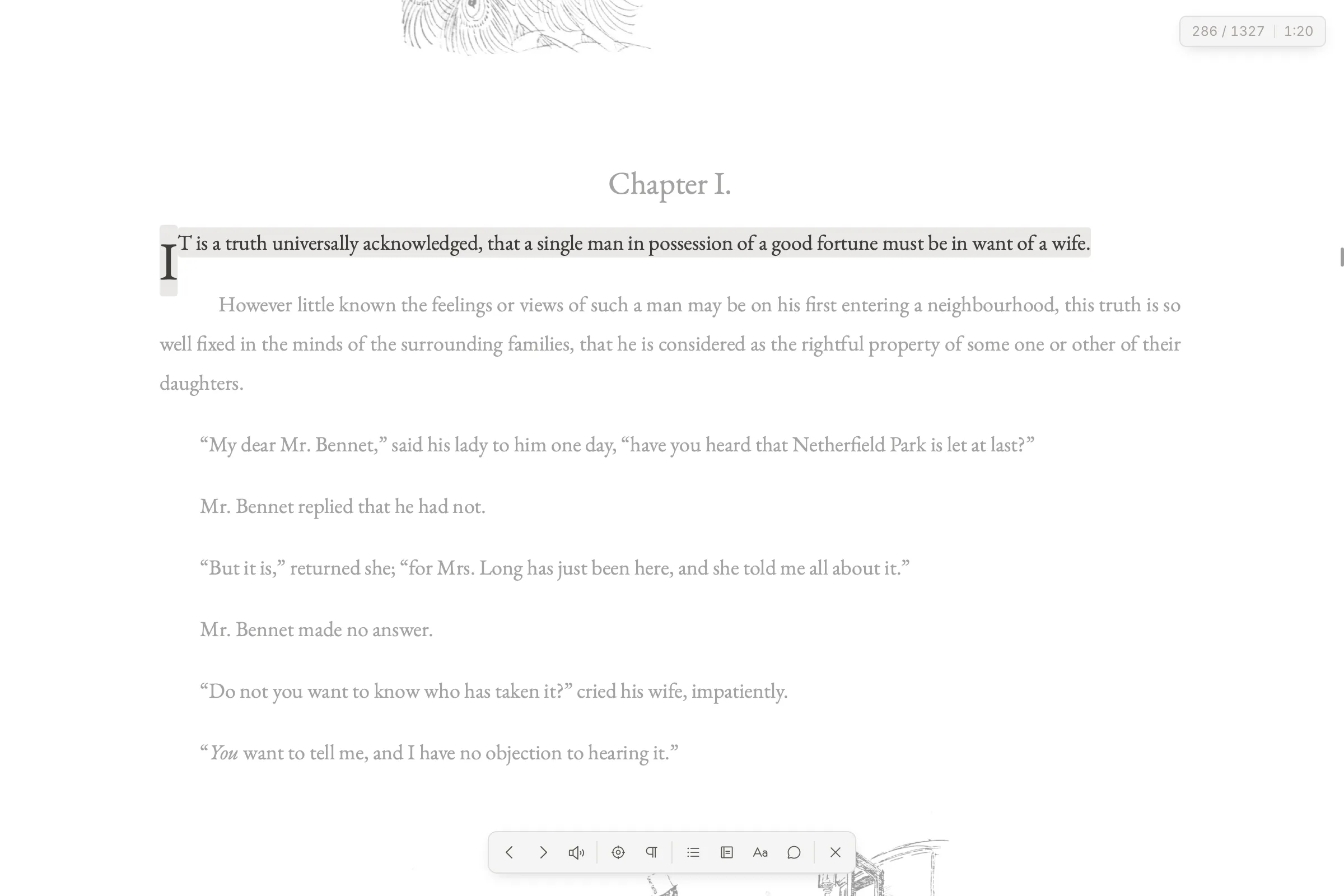A page of Pride and Prejudice in the ReadAware reader, one sentence held in focus while the rest of the page recedes.